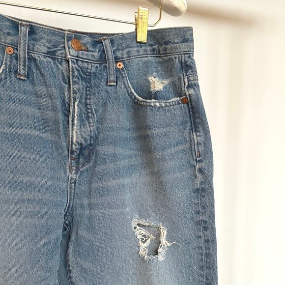 EUC Madewell Classic Straight Jeans Medium Wash Distressed Raw Hem Size 30 - Picture 2 of 7